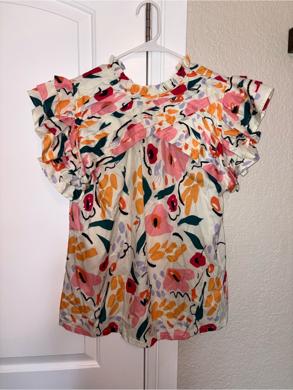Floral Ruffle Sleeve Blouse in Cream, Pink & Mustard